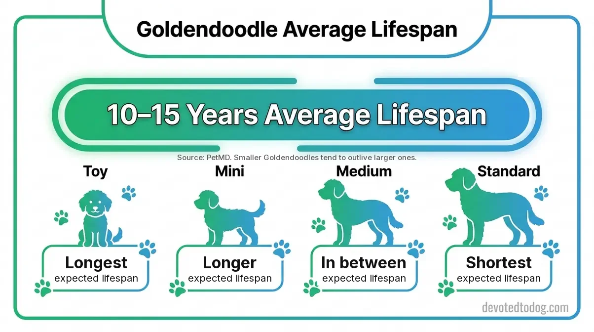 Goldendoodle lifespan infographic: most Goldendoodles live 10 to 15 years (PetMD), and smaller sizes tend to outlive larger ones, from Toy (longest) to Standard (shortest)