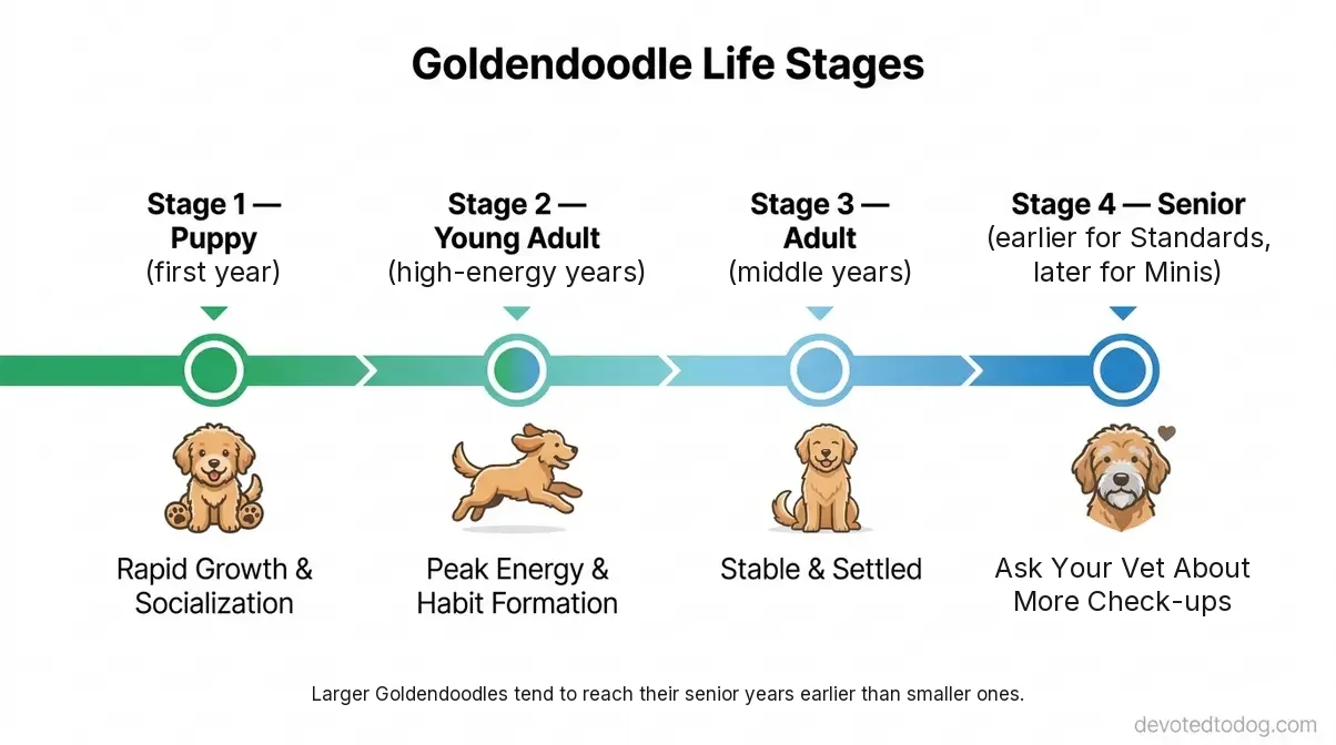 Goldendoodle life stages timeline from puppy to senior; larger Goldendoodles tend to reach their senior years earlier than smaller ones