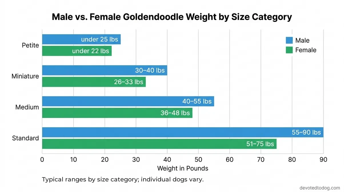 Side-by-side bar chart comparing male and female weight ranges for all four Goldendoodle size categories