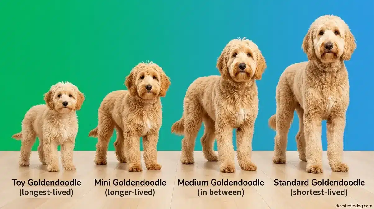 Four Goldendoodles from Toy to Standard side by side; smaller Goldendoodles tend to live longer than larger ones