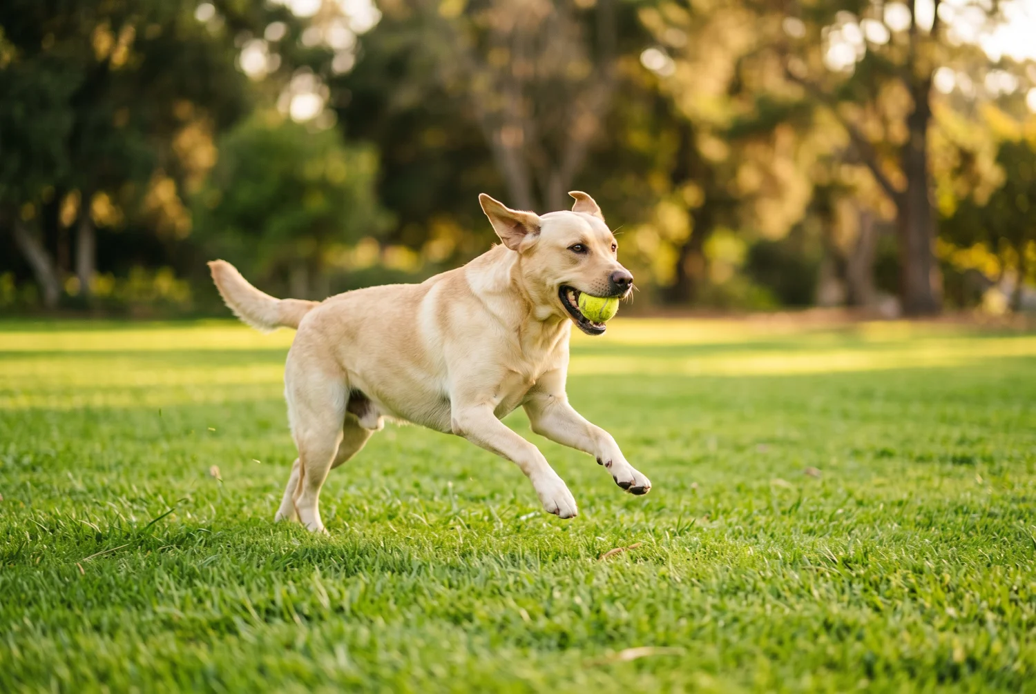 A yellow Labrador Retriever running across a park lawn with a tennis ball in its mouth