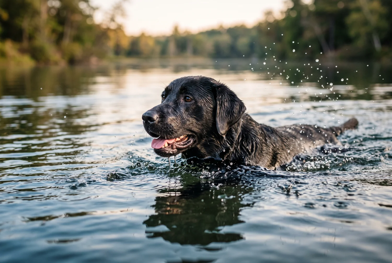 A black Labrador Retriever swimming in a calm lake with its head above the water