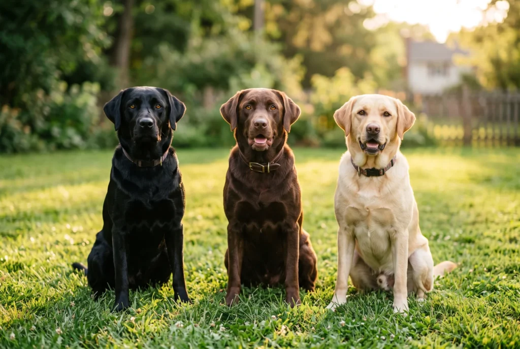 Three adult Labrador Retrievers sitting side by side on a lawn: one black, one chocolate and one yellow