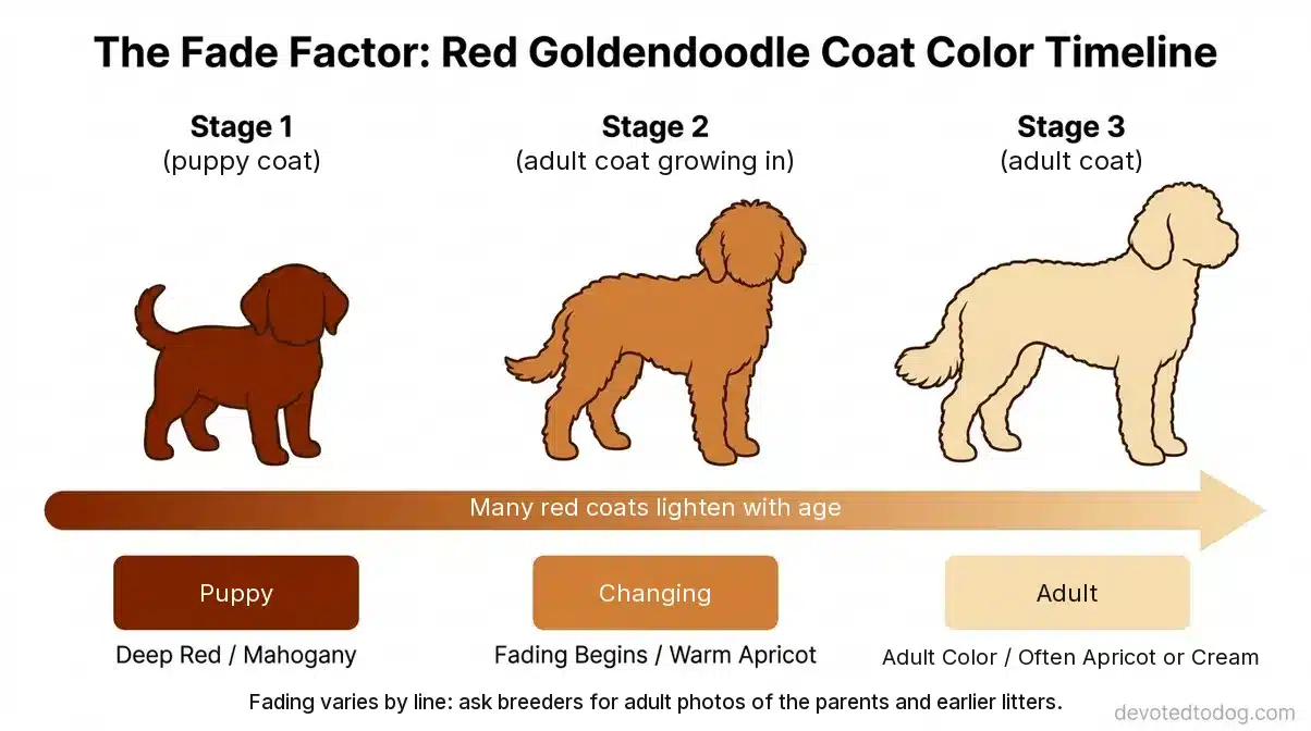 Red Goldendoodle coat timeline: many red puppies lighten from deep red to apricot or cream as the adult coat grows in; ask breeders for adult photos of the parents and earlier litters