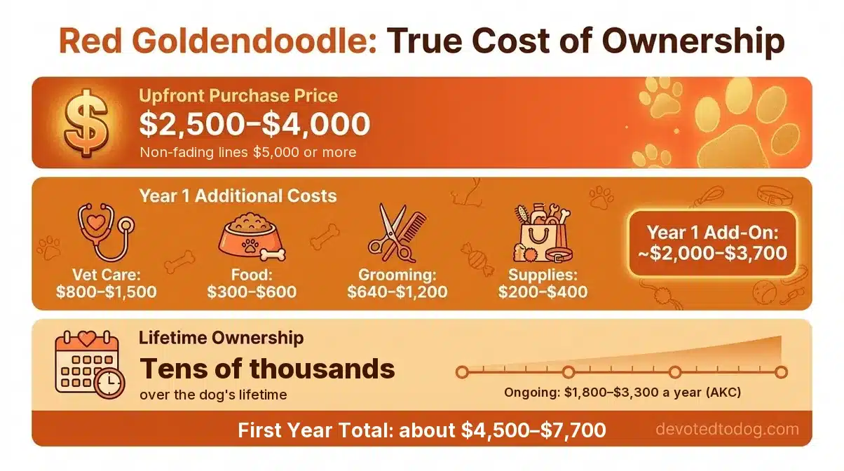 Red Goldendoodle cost infographic: $2,500 to $4,000 upfront, about $2,000 to $3,700 in first-year costs, about $4,500 to $7,700 in the first year in total, and $1,800 to $3,300 a year after that (AKC)